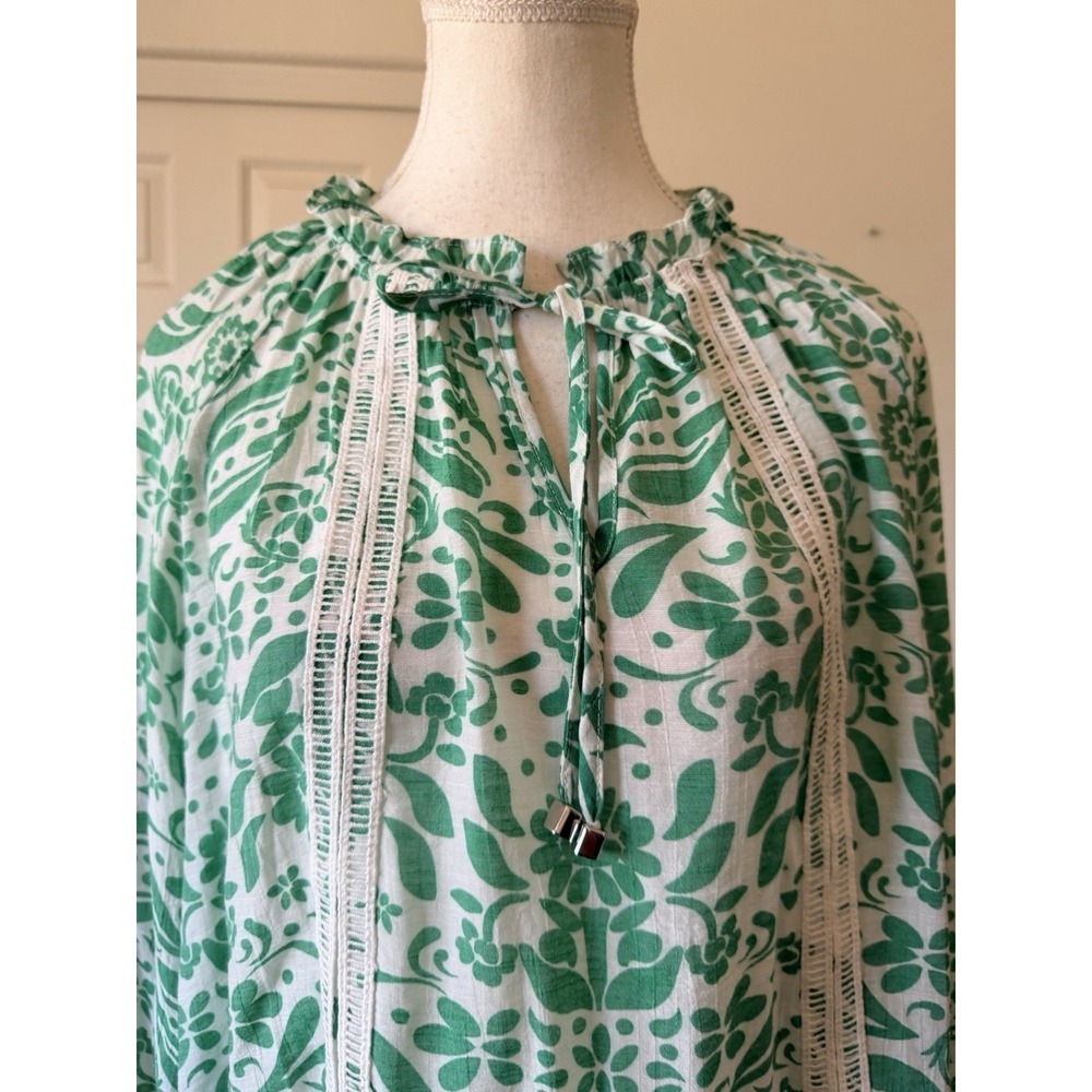 Hope & Harlow Womens L Green Floral Boho Peasant Top Tie Neck Spring Vacation - Picture 6 of 15
